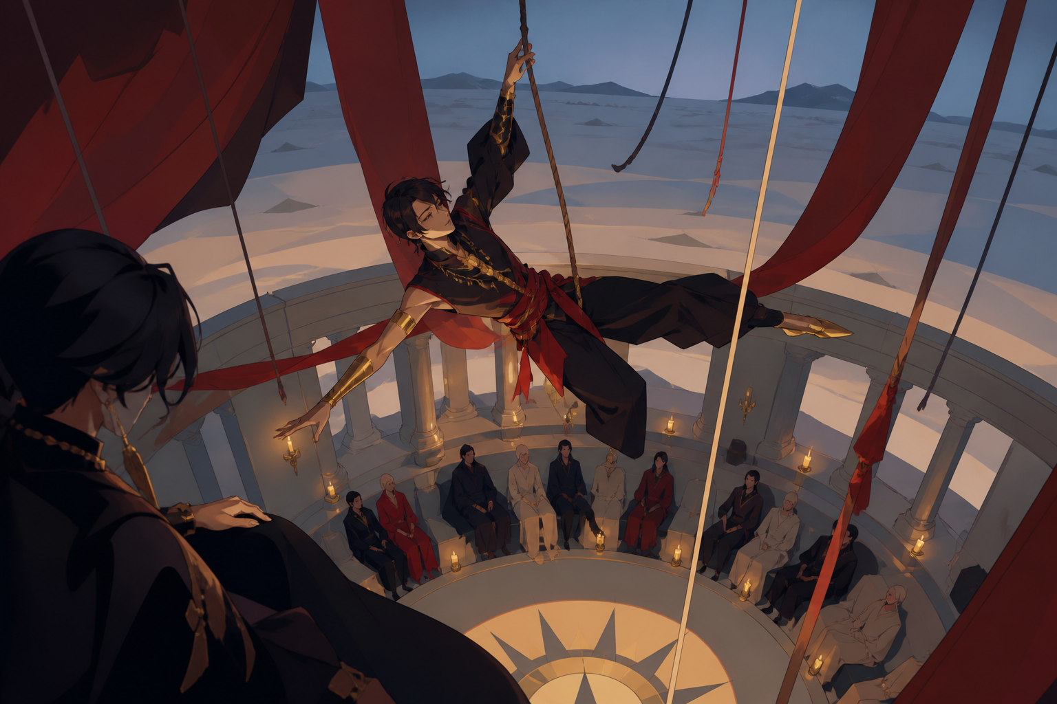 An acrobat performing above a quiet audience in a circular desert pavilion, seen from an unusual seat close enough to feel intimate. High balcony view turning choreography into clear graphic patterns. Pine black, snow bl