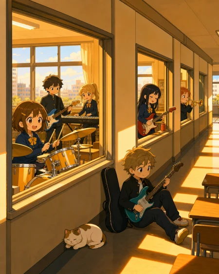 A school band rehearsing in separate rooms connected by open windows, after classes when long sunlight fills otherwise empty corridors. Sunlit classroom composition with desks crea
