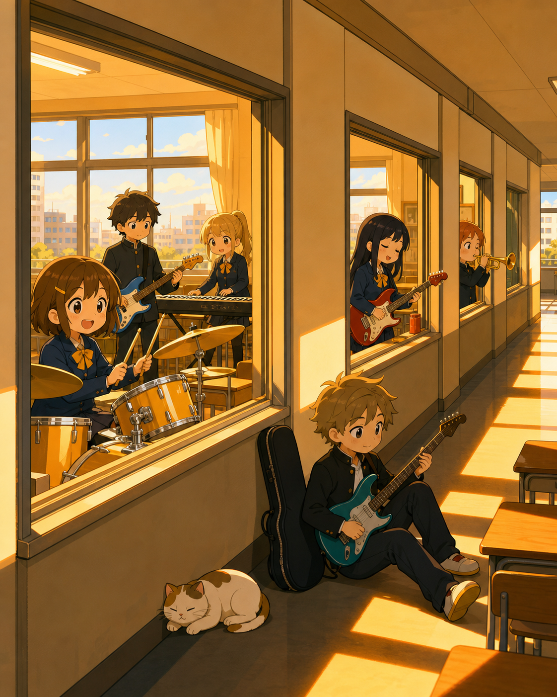 A school band rehearsing in separate rooms connected by open windows, after classes when long sunlight fills otherwise empty corridors. Sunlit classroom composition with desks creating calm geometric rhythm. Saffron, pea