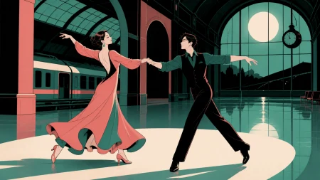 Two adult ballroom dancers practicing in an empty railway terminal, during rehearsal with visible stagecraft adding to the charm. Close audience-level frame with one dancer crossin