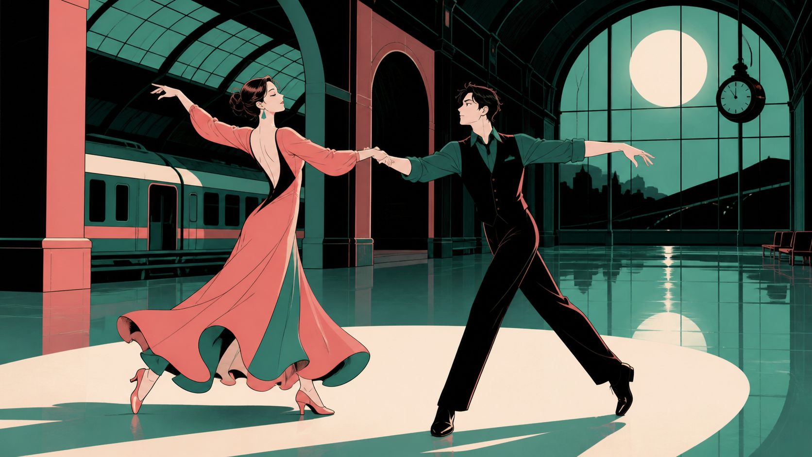 Two adult ballroom dancers practicing in an empty railway terminal, during rehearsal with visible stagecraft adding to the charm. Close audience-level frame with one dancer crossing a strong pool of light. Celadon, coral