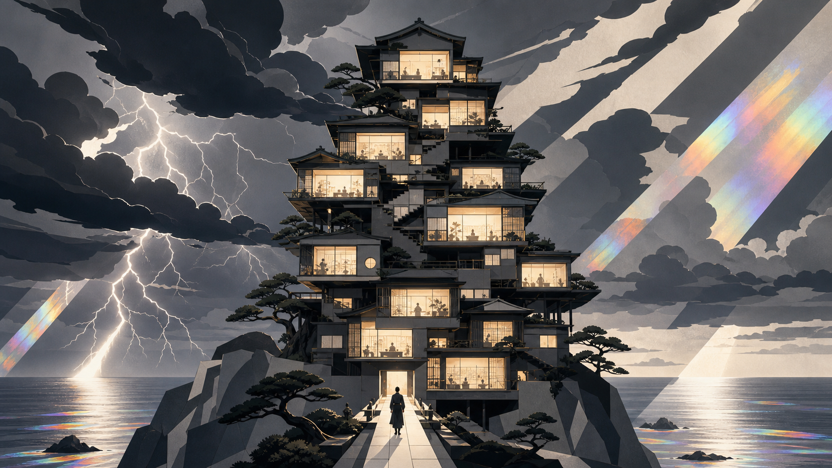 A seaside apartment tower assembled from stacked traditional tea houses, during a storm that illuminates every interior room at once. Architectural hero view with controlled symmetry and deep spatial layers. Monochrome g