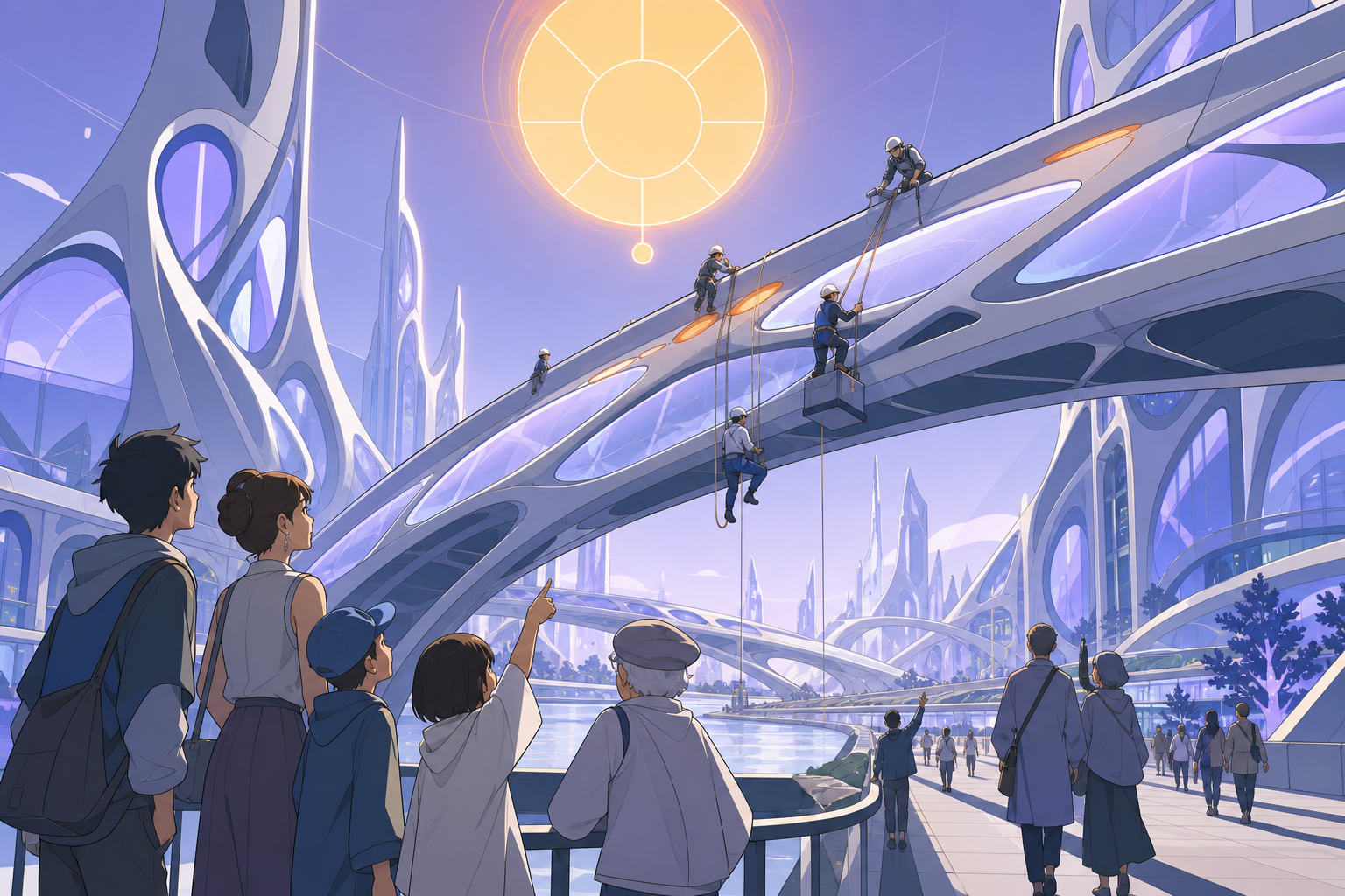 Technicians caring for a bridge whose living structure heals overnight, during a public tour that inspires curiosity rather than fear. Grand civic avenue view with biological towers framing daily activity. Pale lavender,