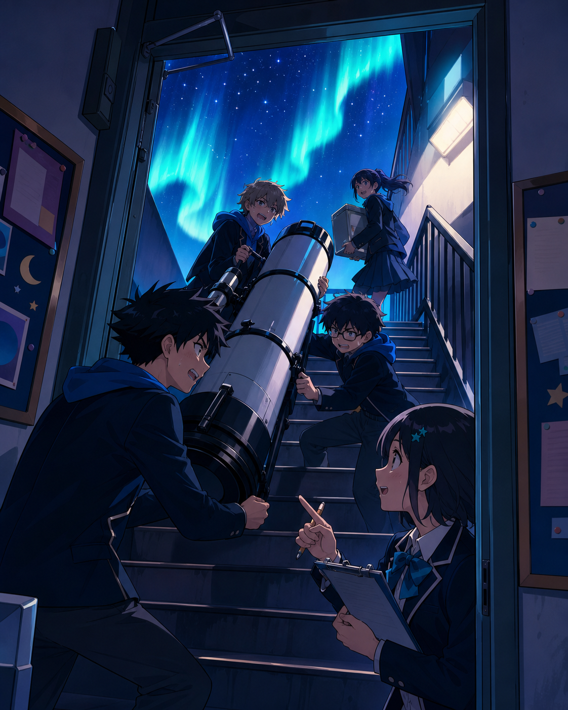 The astronomy club carrying a telescope up too many stairs, during the final practice before a small public presentation. Doorway-framed candid scene with several small connected moments. Ultramarine, bioluminescent turq