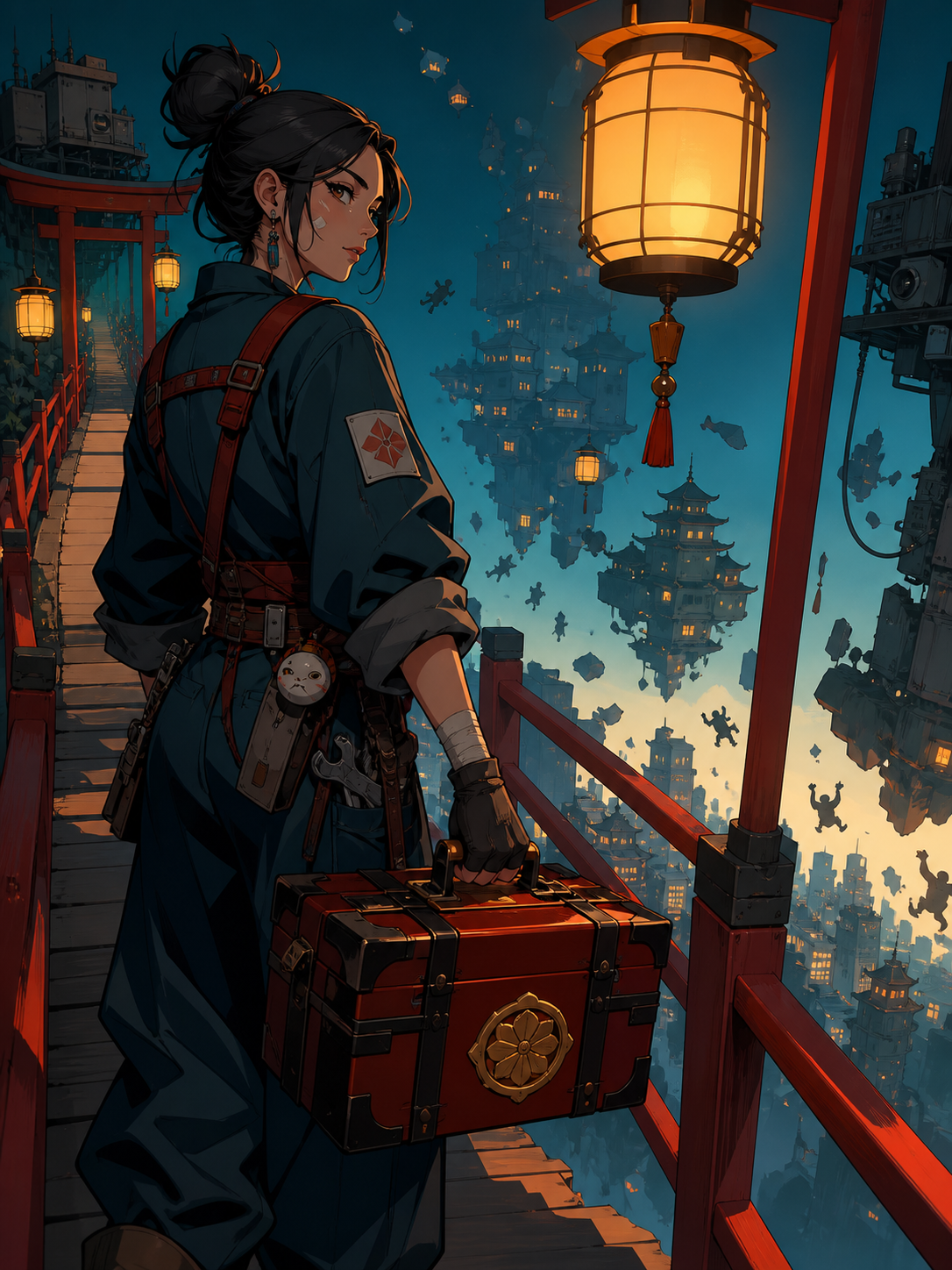 An adult woman shrine mechanic carrying a lacquered tool case, crossing a lantern-lit bridge as the city below loses gravity. Intimate three-quarter view with strong foreground and background layers. Petrol blue, oxide r