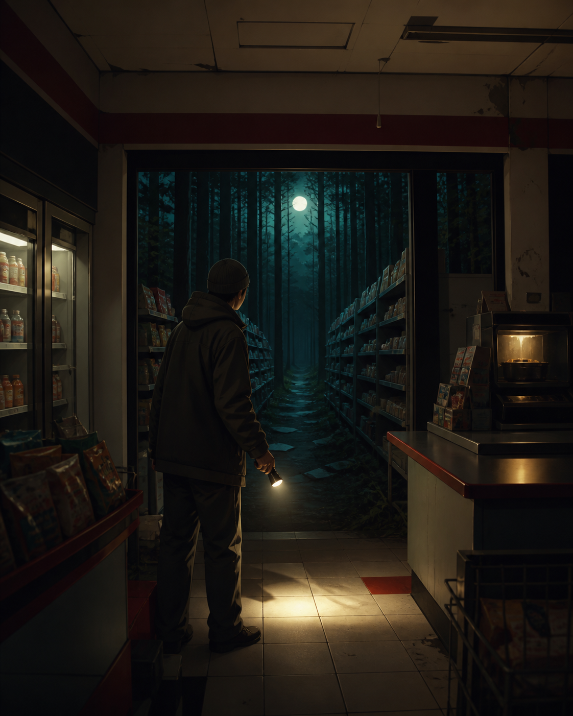 A late-night convenience store whose aisles extend into a moonlit forest, explored by one cautious adult carrying a weak practical light. Suspenseful deep-perspective composition with the threat implied rather than cente