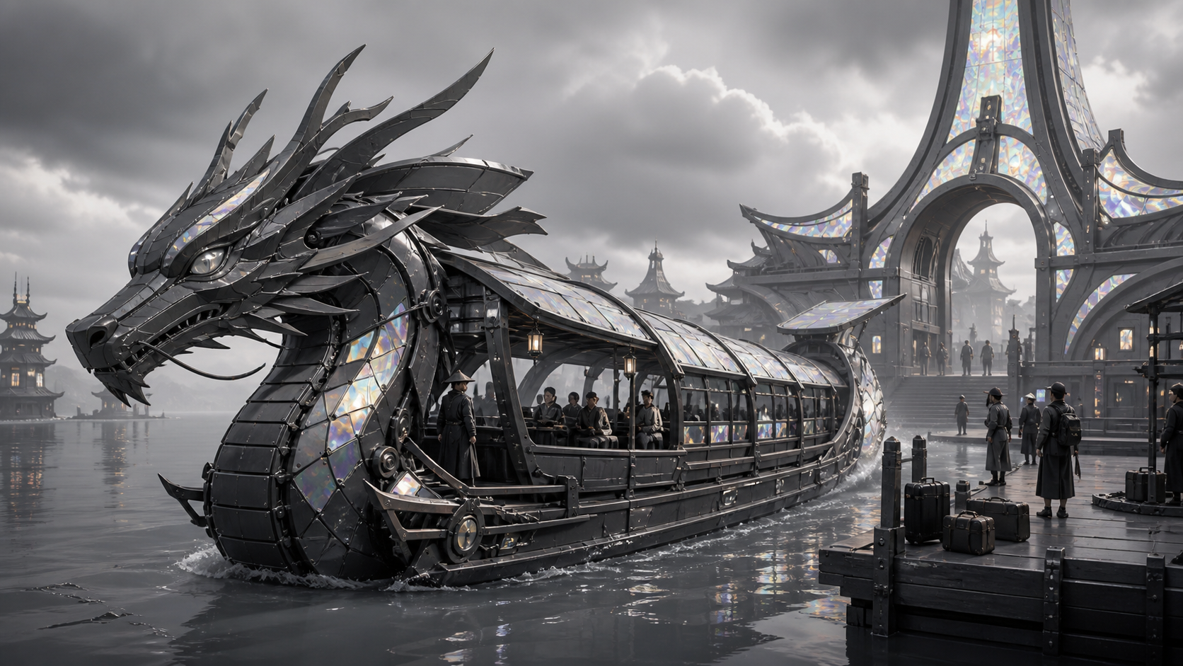 A sunken royal train crossing an ocean trench on intact rails, seen in peaceful stillness after an ancient mechanism restarts. Wide underwater vista with light guiding the eye through multiple depths. Crimson, black cher