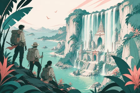 An expedition discovering a bright temple concealed behind a wide waterfall, under clear morning light with every route easy to read. Elevated coastal composition balancing settlem
