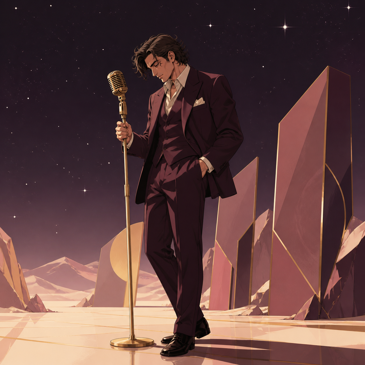 An adult male jazz singer in an immaculate suit after the final set, captured during one unguarded moment in their workplace. Confident full-body editorial portrait with a strong graphic silhouette. Muted rose, parchment