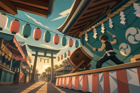A young drummer practicing alone behind a shrine stage, in the calm hour after the final visitors have gone. Low-angle parade view framed by lantern lines and rooftops. Sea-glass g