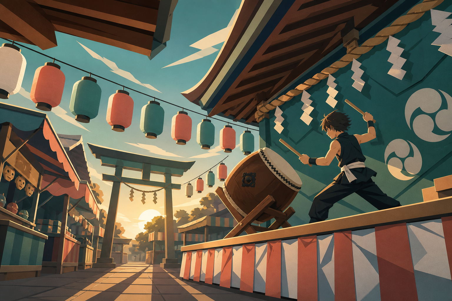 A young drummer practicing alone behind a shrine stage, in the calm hour after the final visitors have gone. Low-angle parade view framed by lantern lines and rooftops. Sea-glass green, faded coral, storm gray, and salt 