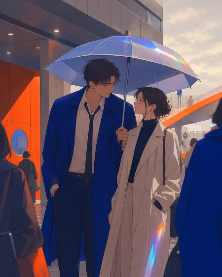 Two adult rivals sharing an umbrella after missing the last train, in a private-feeling moment surrounded by ordinary public life. Cinematic two-person frame using architecture and