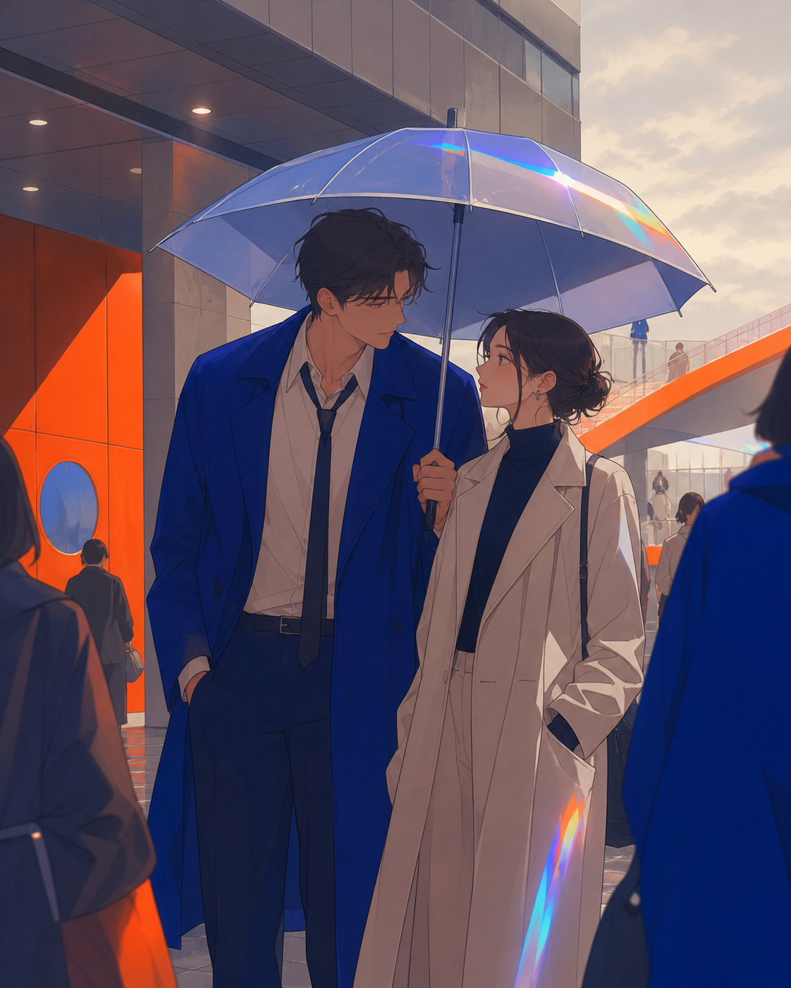 Two adult rivals sharing an umbrella after missing the last train, in a private-feeling moment surrounded by ordinary public life. Cinematic two-person frame using architecture and negative space to express the relations