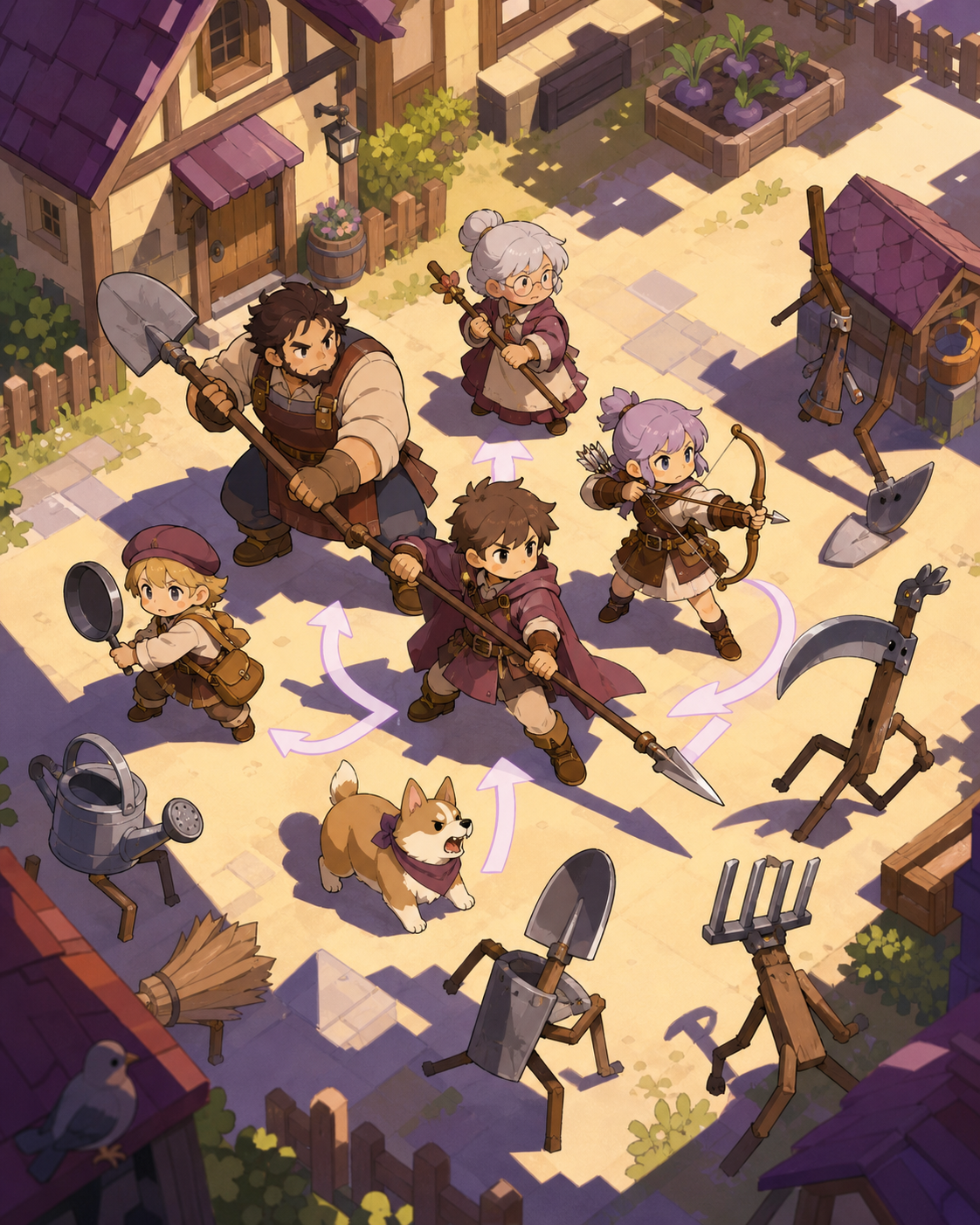 A mixed-age adventuring party protecting a village from animated farm tools, at the moment separate actions connect into one clear plan. Elevated tactical view with clear paths and coordinated movement. Mulberry, tea bro