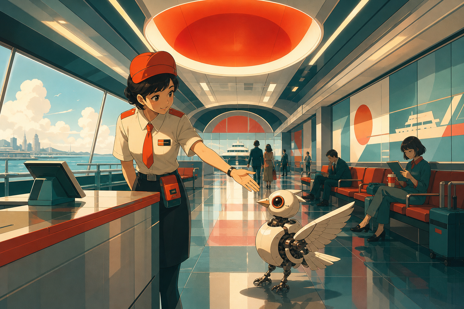 A ferry terminal employee guiding a lost mechanical bird toward the correct gate, shown as intimate public life rather than a vehicle showcase. Long interior perspective connecting several quiet passenger stories. Vermil