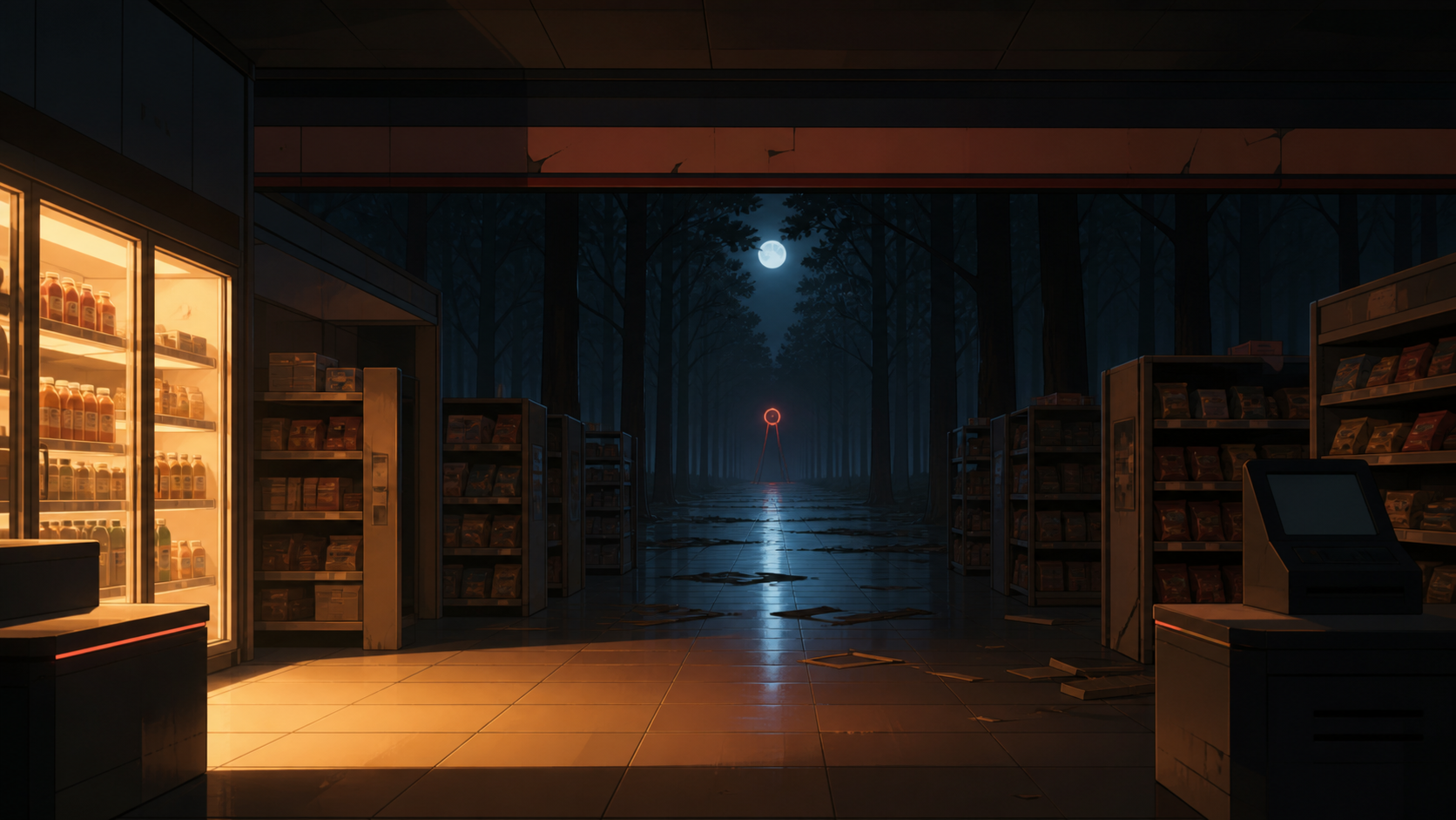 A late-night convenience store whose aisles extend into a moonlit forest, shown at the uneasy instant when something impossible becomes noticeable. Still symmetrical frame disturbed by one small impossible detail. Amber,