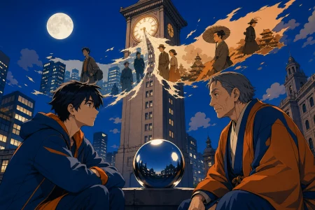 A city clock tower releasing yesterday instead of announcing noon, as one ordinary object remains unchanged across every era. Intimate two-shot contrasting the same person at diffe