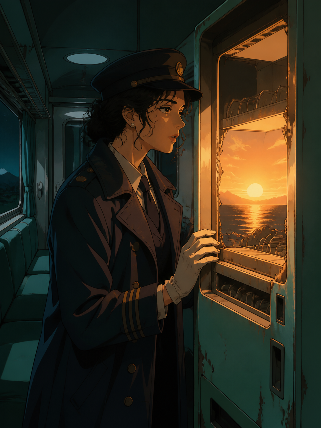 An adult woman night-train conductor with a weathered navy coat, discovering a tiny sunrise glowing inside an abandoned vending machine. Intimate three-quarter view with strong foreground and background layers. Sea-glass