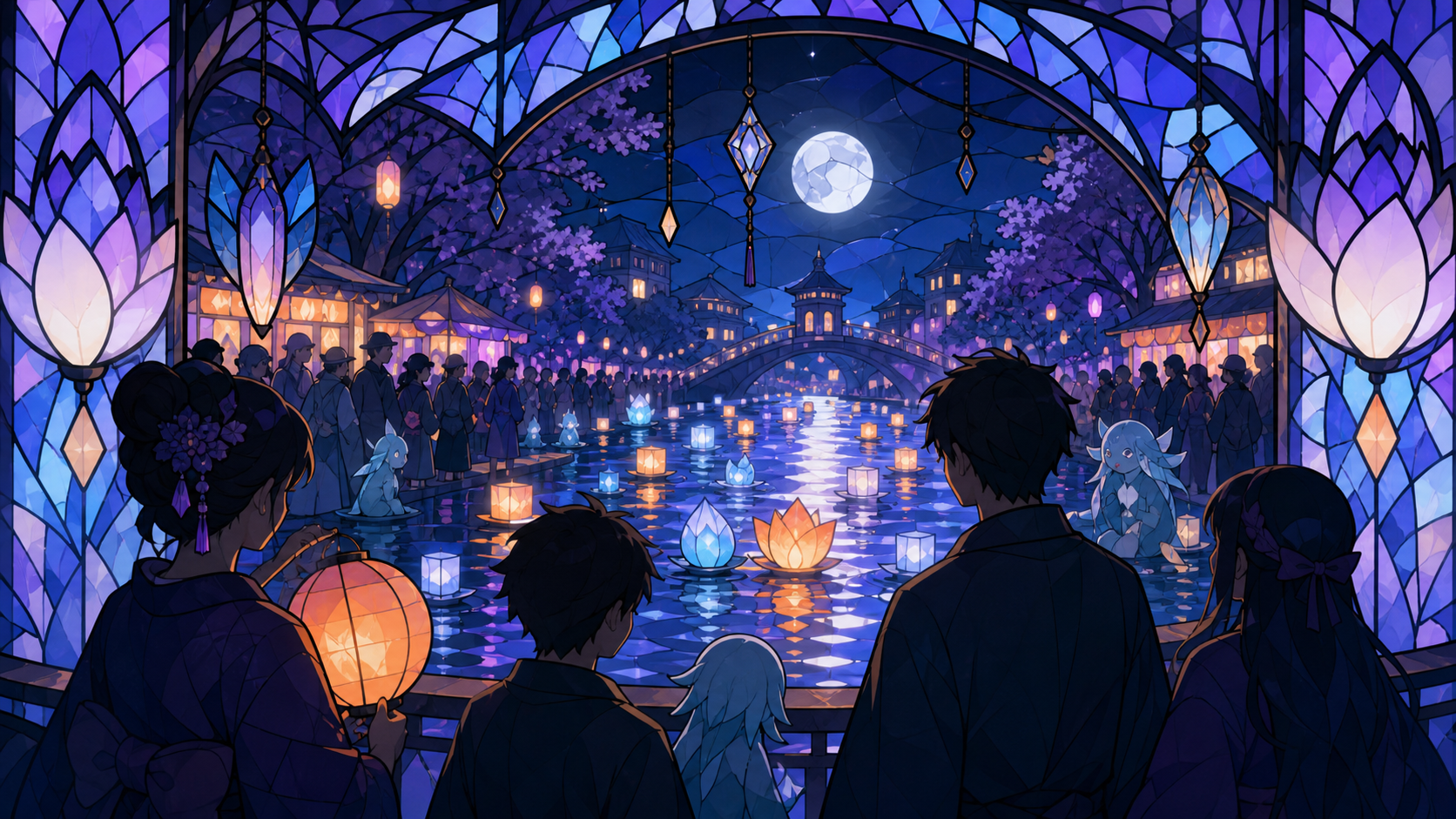 A river lantern festival attended by humans and shy water spirits, from an unusual vantage point within the crowd rather than above it. Layered festival tableau framed by decorations close to the viewer. Pale lavender, i