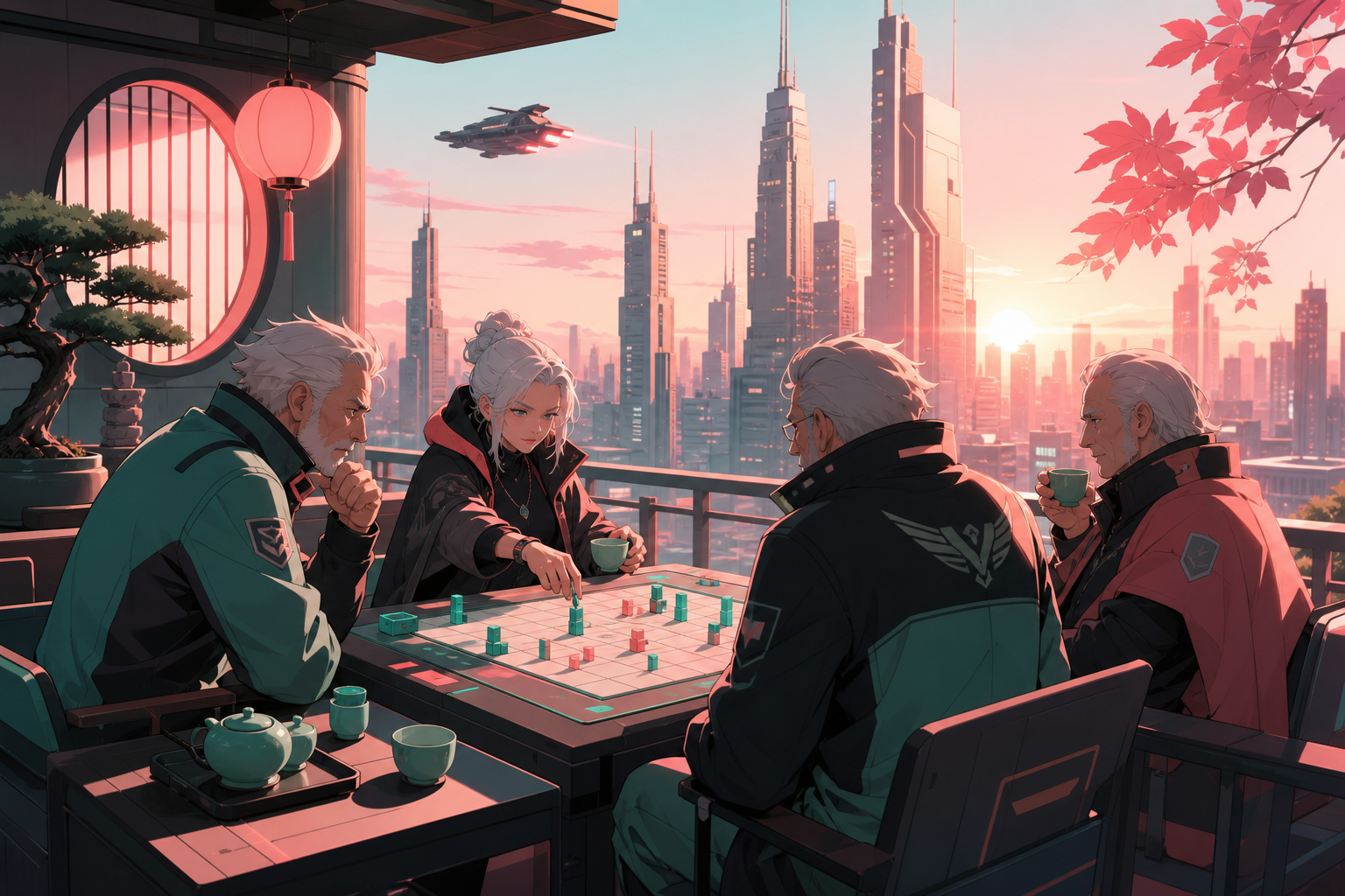 Retired pilots playing strategy games in a neon tea house, as old and new entertainment traditions overlap naturally. Rooftop view with one game action framed against vertical city depth. Celadon, coral pink, ink black, 