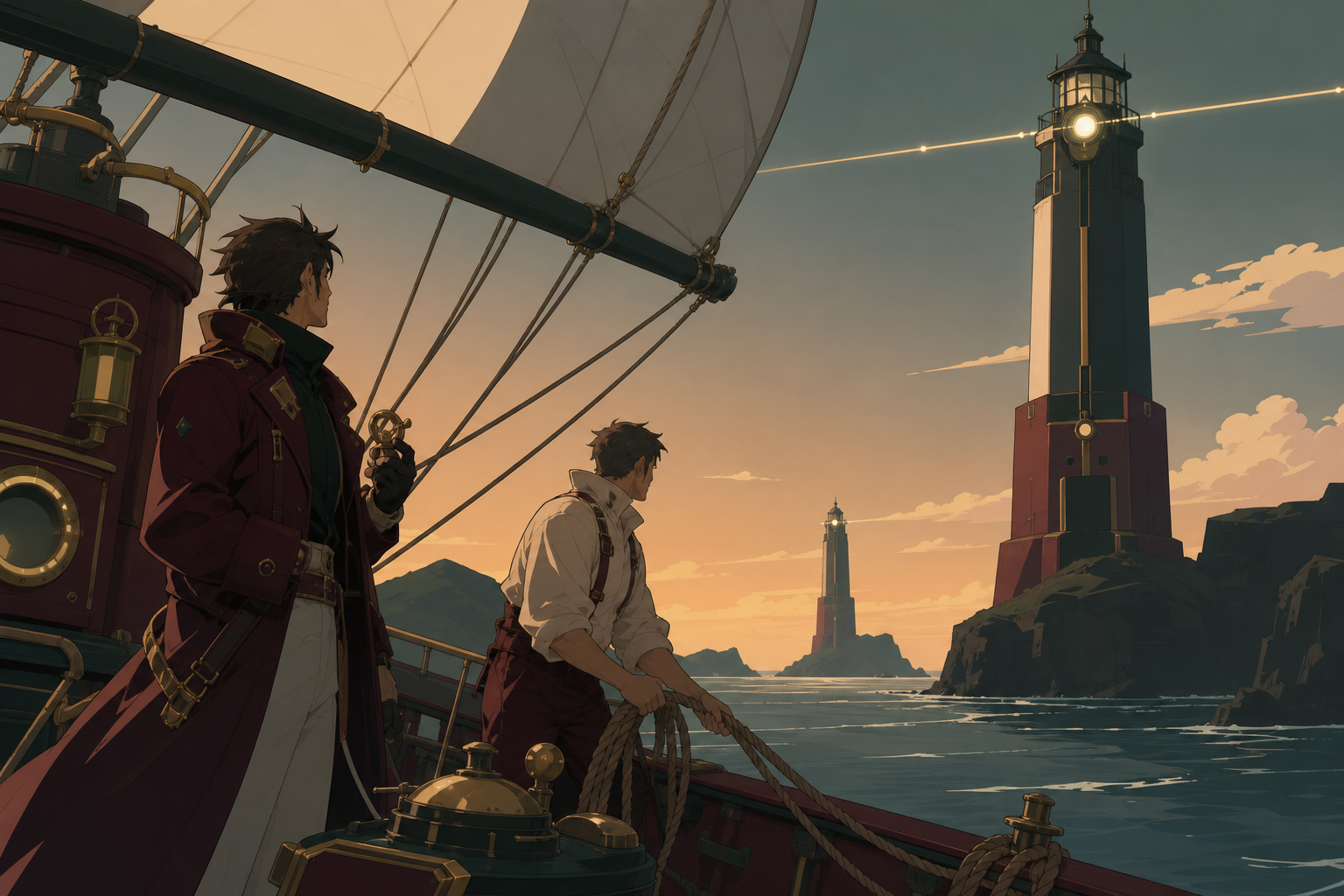 Two lighthouse keepers discovering their towers have begun exchanging signals, mid-voyage with practical deck work revealing the crew's relationships. High coastal viewpoint following the ship's route through the scene. 