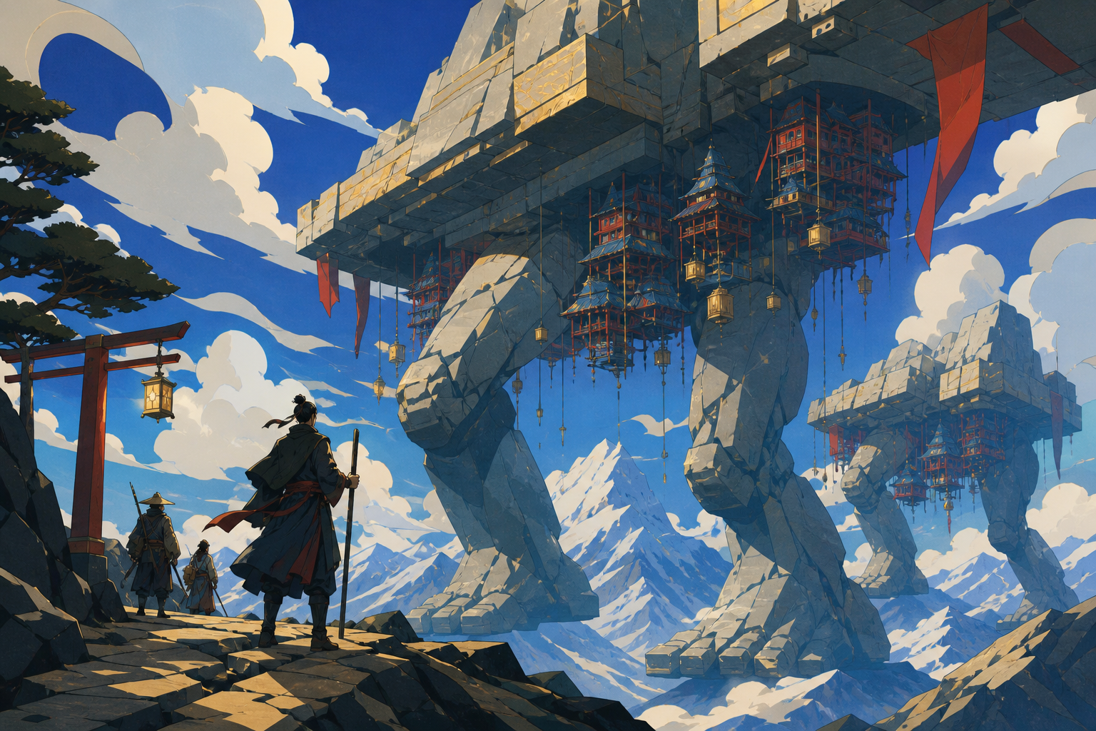 A mountain village suspended beneath migrating stone giants, with tiny travelers revealing the monumental scale. Wide landscape composition with dramatic foreground framing. Pine black, snow blue, cedar red, and lantern 