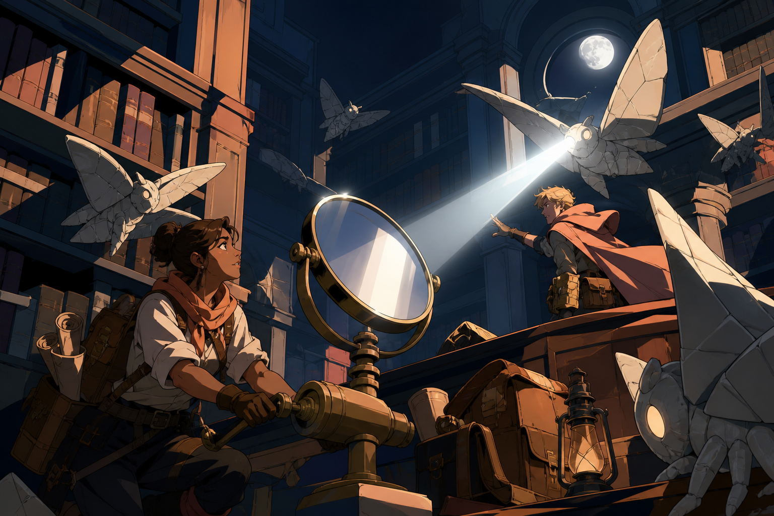 Two treasure hunters navigating a library patrolled by stone moths, solving an environmental obstacle through teamwork rather than combat. Wide party tableau that makes the environment feel explorable. Sun-bleached peach