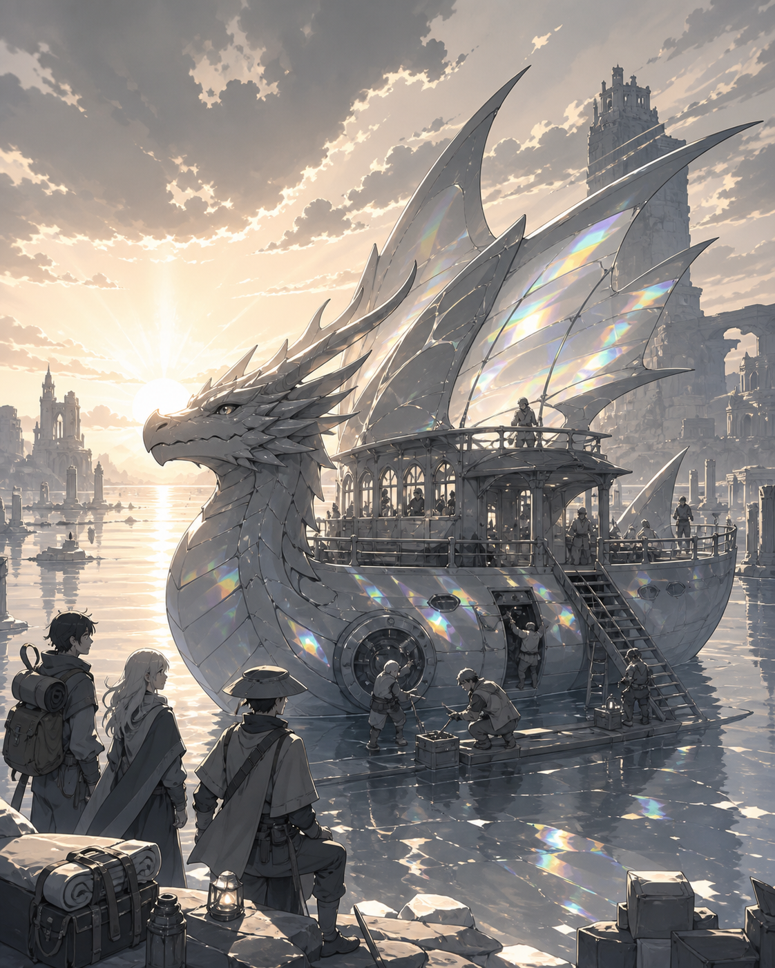 A dragon-shaped riverboat transporting travelers through a flooded kingdom, undergoing a small roadside repair in a vast unfamiliar landscape. Wide travel-poster composition without typography, emphasizing destination an
