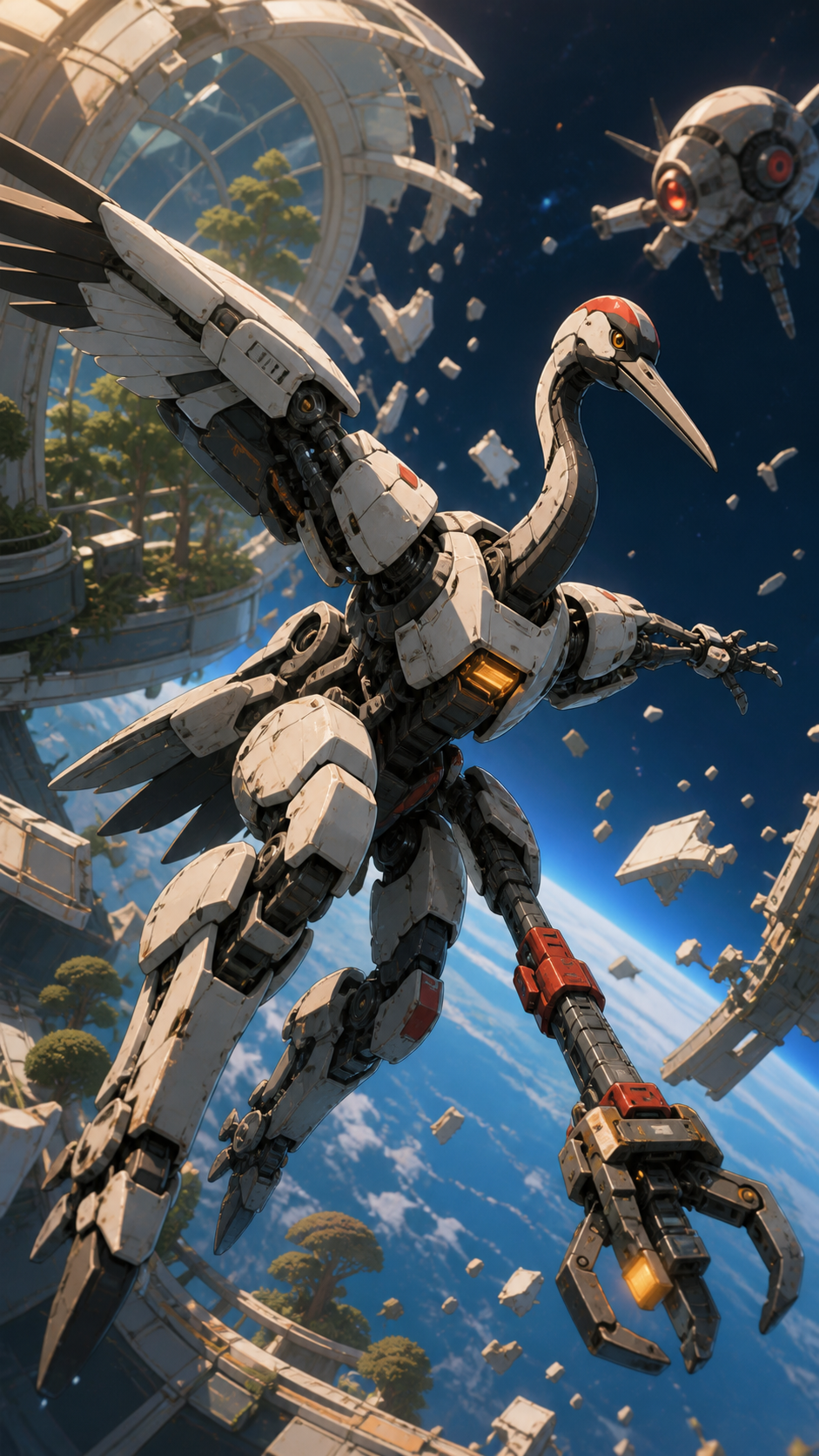 A battered rescue mecha designed like a red-crowned crane, fighting in zero gravity among fragments of a ruined orbital garden. Dynamic low-angle action frame with a strong diagonal movement line. Petrol blue, oxide red,
