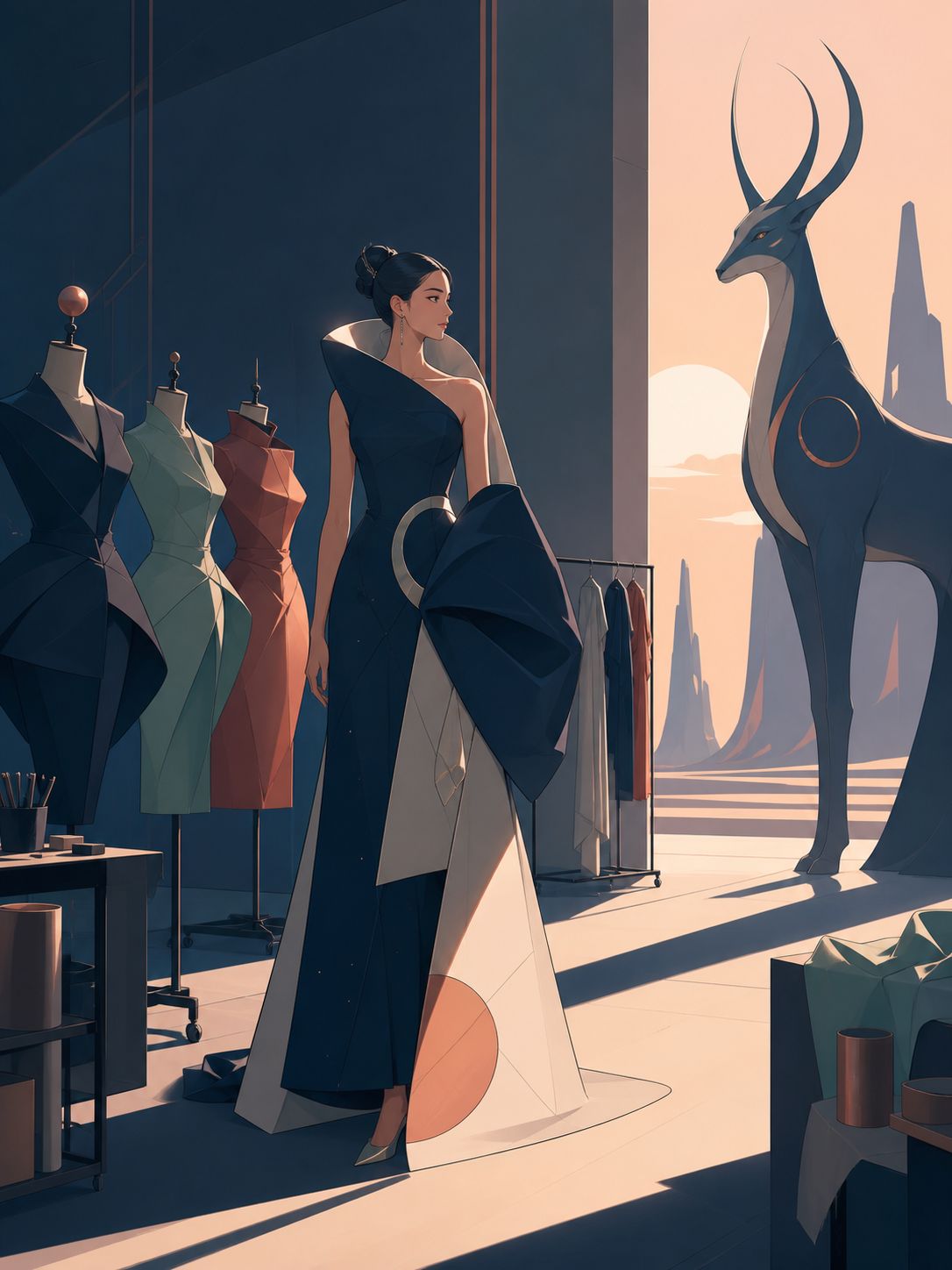 An adult runway model waiting backstage in sculptural lunar eveningwear, inside a clean studio where every garment has a distinct silhouette. Full-body editorial frame with generous negative space. Moonlit indigo, oxidiz