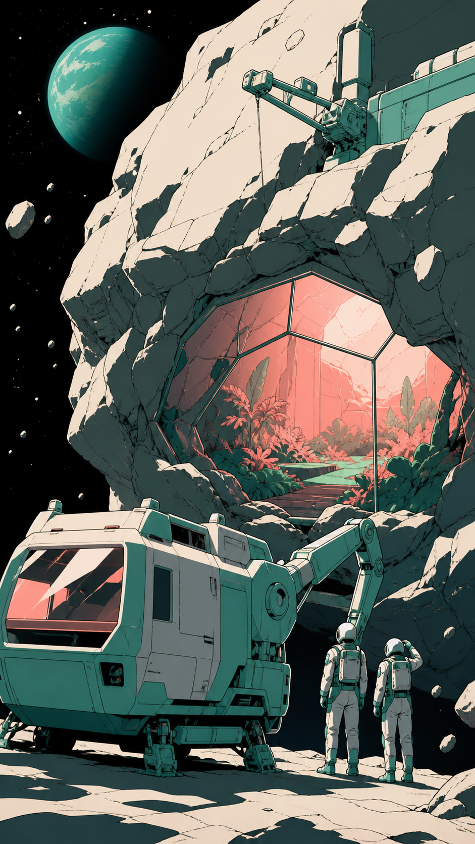 Two exosuit miners discovering a warm garden beneath an asteroid quarry, as an unfamiliar signal provides one precise destination. Expansive orbital composition anchored by one clearly readable vehicle. Celadon, coral pi