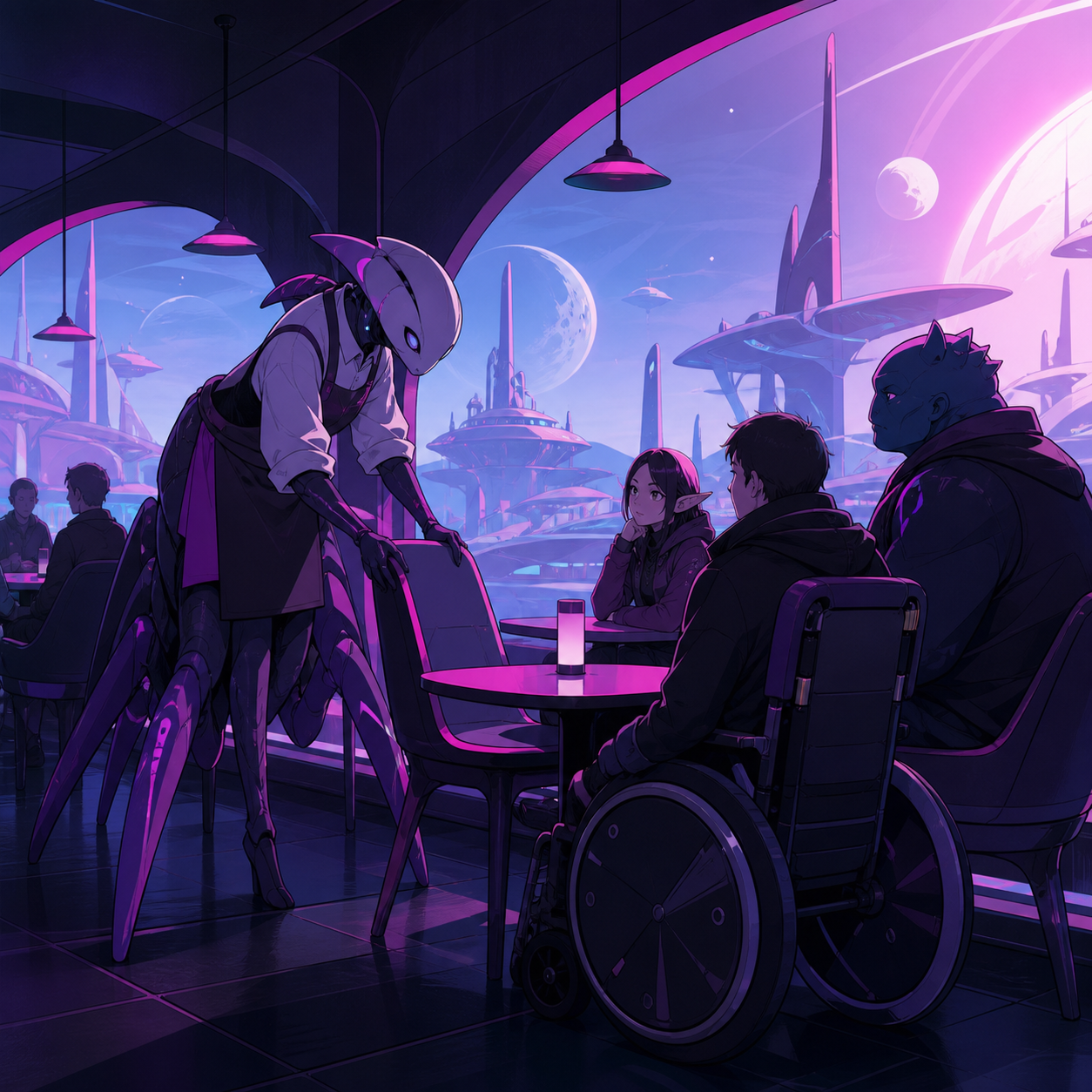 A many-legged café owner arranging chairs for several body shapes, on a normal school or work day with imaginative surroundings. Intimate two-group exchange with the unusual environment visible beyond. Saturated magenta,