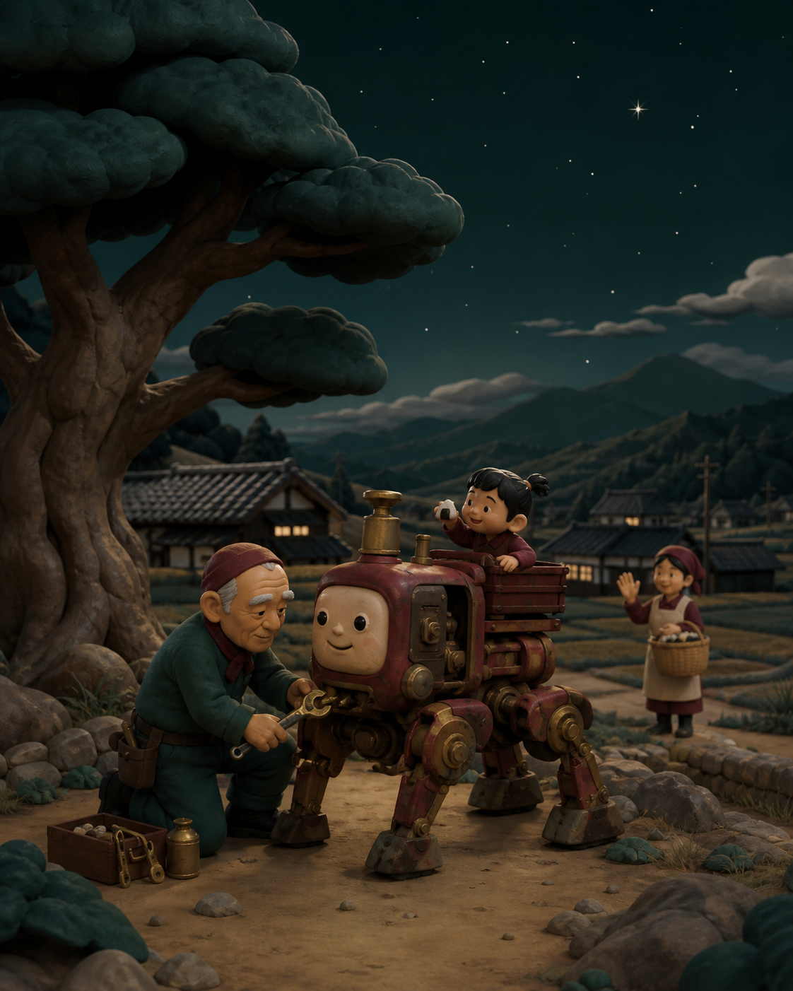 An elderly mechanic repairing a friendly walking farm machine, while distant weather moves across broad fields and tiled rooftops. Warm eye-level narrative frame balanced by a monumental tree. Burgundy, midnight green, b