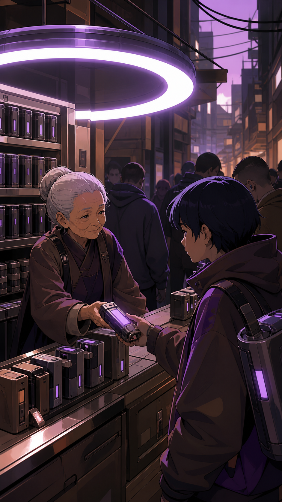 A grandmother running the busiest battery-exchange kiosk in the district, during a crowded evening where one quiet interaction becomes the focus. Compressed alley perspective focused on one intimate exchange. Mulberry, t