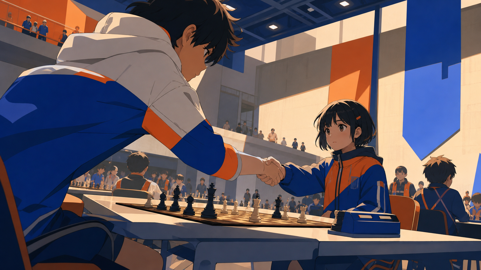 Young chess players facing one another inside a busy community hall, after an unexpected result brings both sides together. Wide venue view centered on one decisive action. Cobalt, persimmon orange, warm concrete, and cr