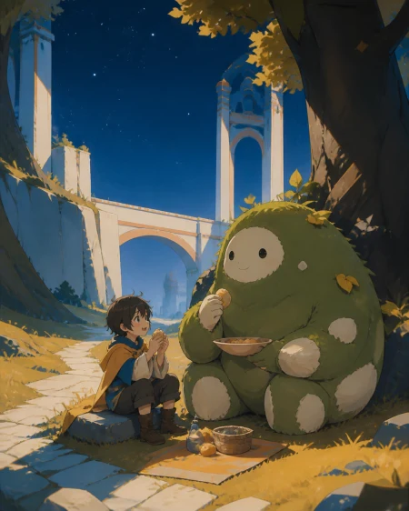 A child sharing lunch with a round moss guardian beside a path, during a warm ordinary interaction rather than a dramatic quest. Eye-level storybook frame centered on the unlikely 