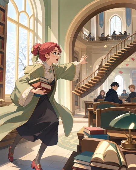 A university librarian chasing a misplaced staircase through the archives, during an ordinary lesson complicated by one unexpected result. Library perspective following a visual tr