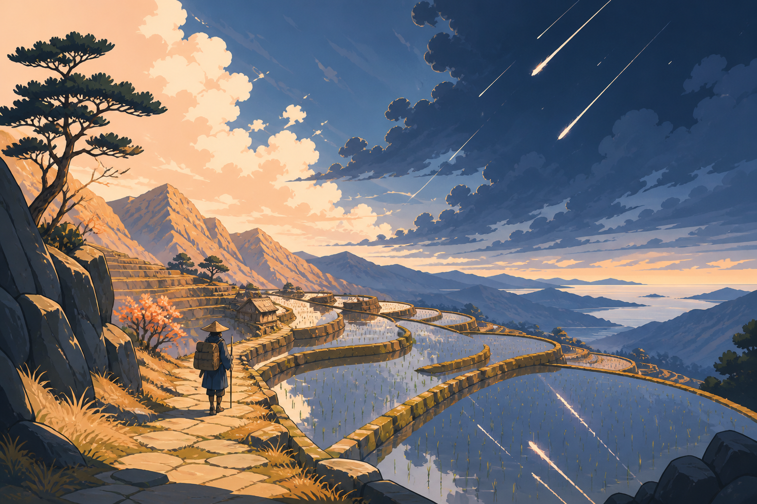 Terraced rice fields reflecting a meteor shower during planting season, at the transition between two kinds of weather. Vertical scenic composition following a path through several elevations. Sun-bleached peach, desert 