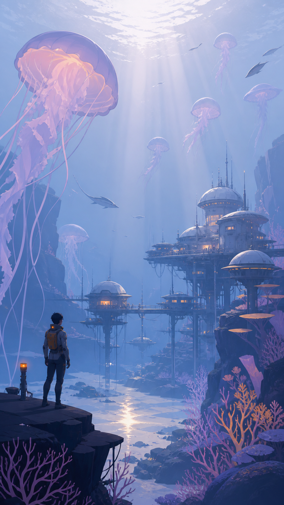 A research village suspended beneath a field of glowing jellyfish, during the brief hour when sunlight reaches the seafloor. Wide underwater vista with light guiding the eye through multiple depths. Pale lavender, icy bl