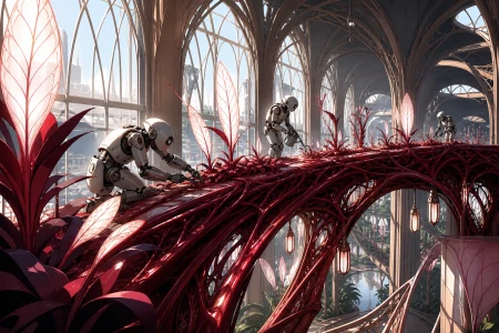 A city bridge grown from living roots and maintained by gardener robots, at a peaceful moment of cooperation between technology and living systems. Architectural greenhouse vista s