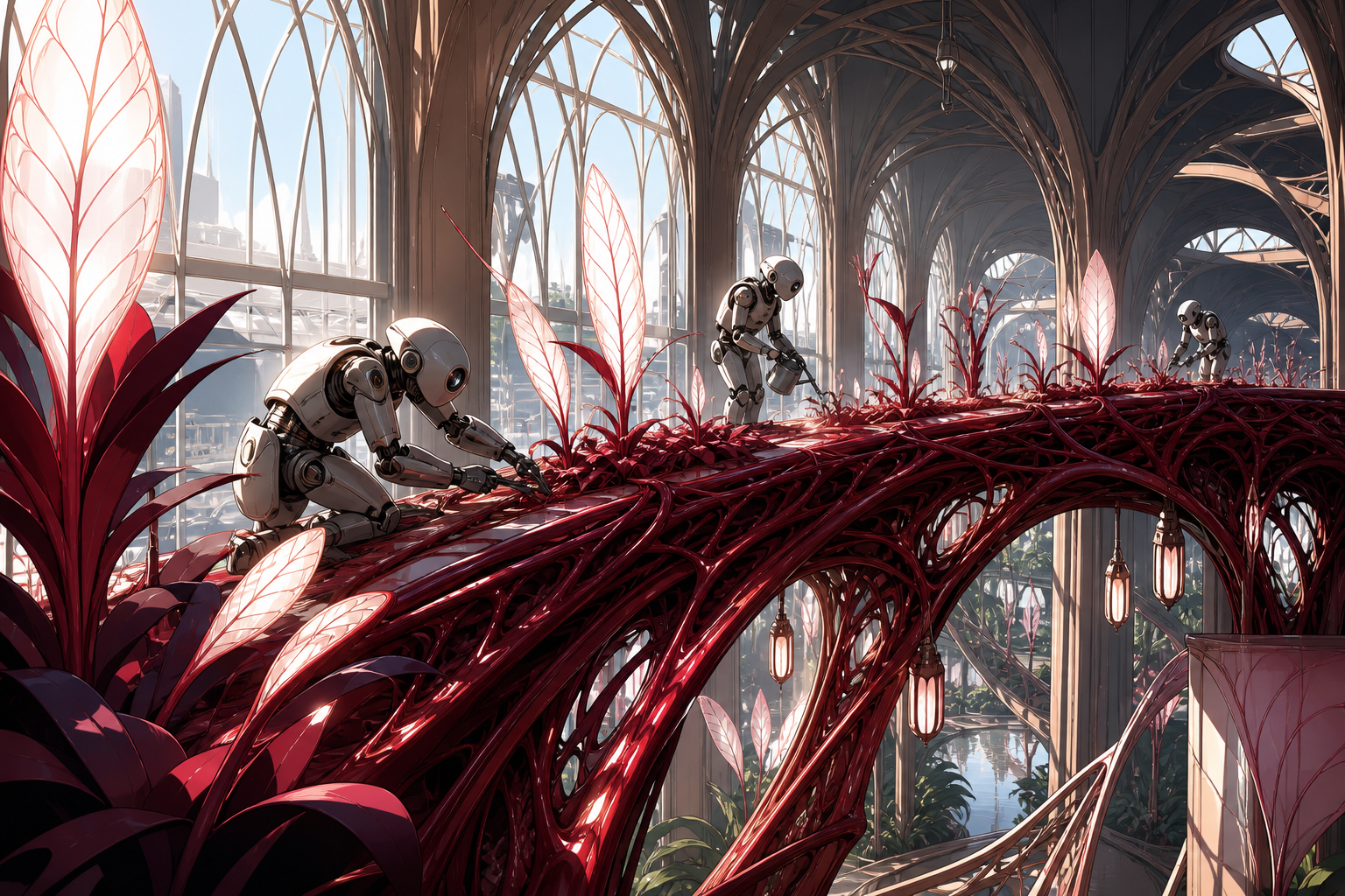 A city bridge grown from living roots and maintained by gardener robots, at a peaceful moment of cooperation between technology and living systems. Architectural greenhouse vista structured by repeating organic forms. Cr