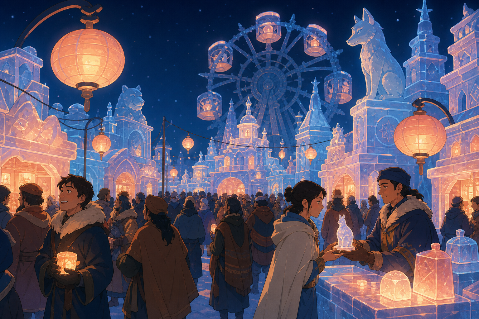 A winter night market carved entirely from colored ice, shown at its busiest while one quiet interaction anchors the scene. Immersive crowd-level panorama with clear focal lighting. Sun-bleached peach, desert ochre, cool