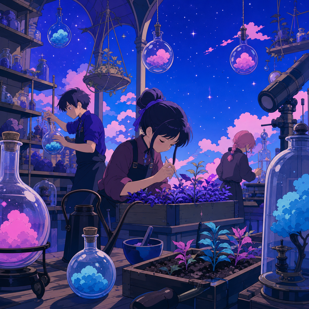 A botanical laboratory where bottled weather feeds rare seedlings, during a busy workday filled with several precise ongoing tasks. Close observational composition layered with tools in foreground and active work behind.