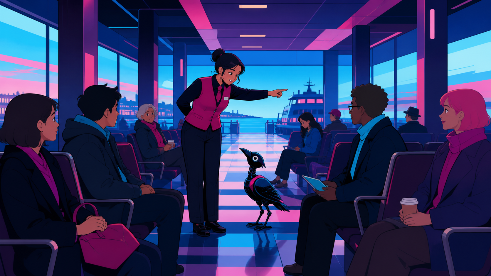 A ferry terminal employee guiding a lost mechanical bird toward the correct gate, when one shared observation changes the atmosphere among the passengers. Long interior perspective connecting several quiet passenger stor
