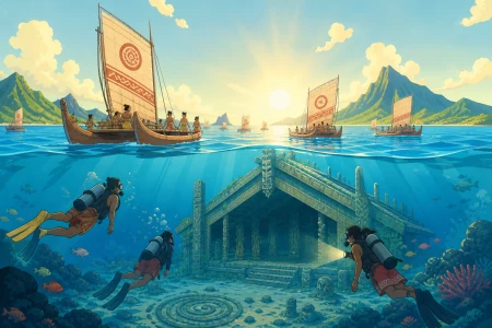 Divers discovering an ancient meeting house beneath clear water, when an ancient route leads somewhere unexpectedly alive. Ocean-wide fleet view with islands placed across a clear 