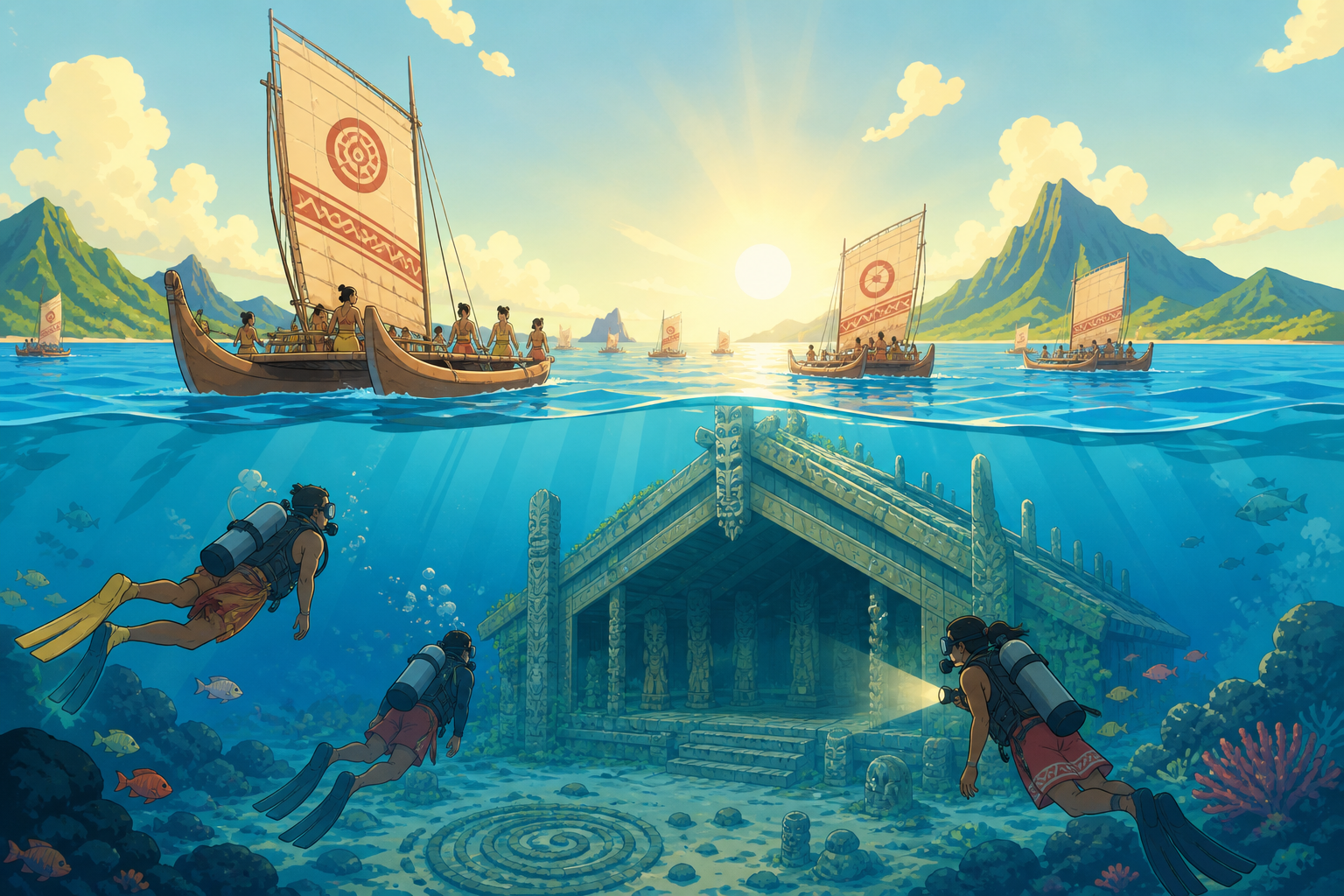 Divers discovering an ancient meeting house beneath clear water, when an ancient route leads somewhere unexpectedly alive. Ocean-wide fleet view with islands placed across a clear horizon. Soft pistachio, butter yellow, 