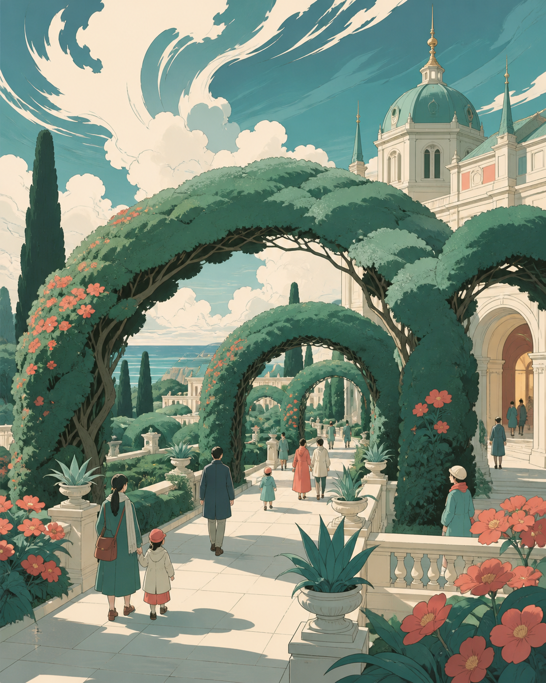A palace garden where trees are trained into walkable arches, during a quiet public morning with visitors of several ages. Wide designed-landscape view with a clear path through several garden rooms. Sea-glass green, fad