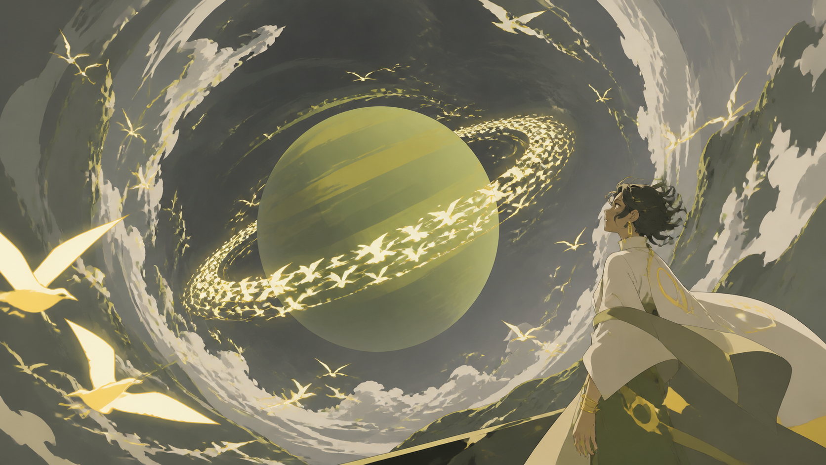 A ringed planet whose rings are made from migrating luminous birds, at the calm center of a vast gravitational phenomenon. Graphic celestial composition organized around a bold circular form. Moss green, slate gray, mush