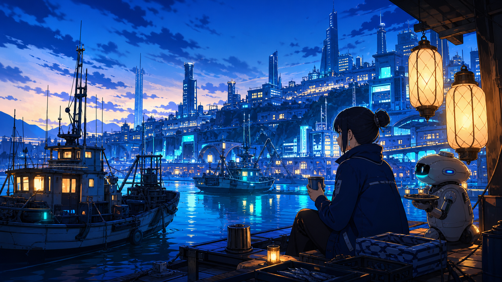 A neon harbor where fishing boats coexist with gentle service robots, during the blue hour as thousands of windows begin to glow. Grand city panorama balanced by one intimate foreground detail. Ultramarine, bioluminescen