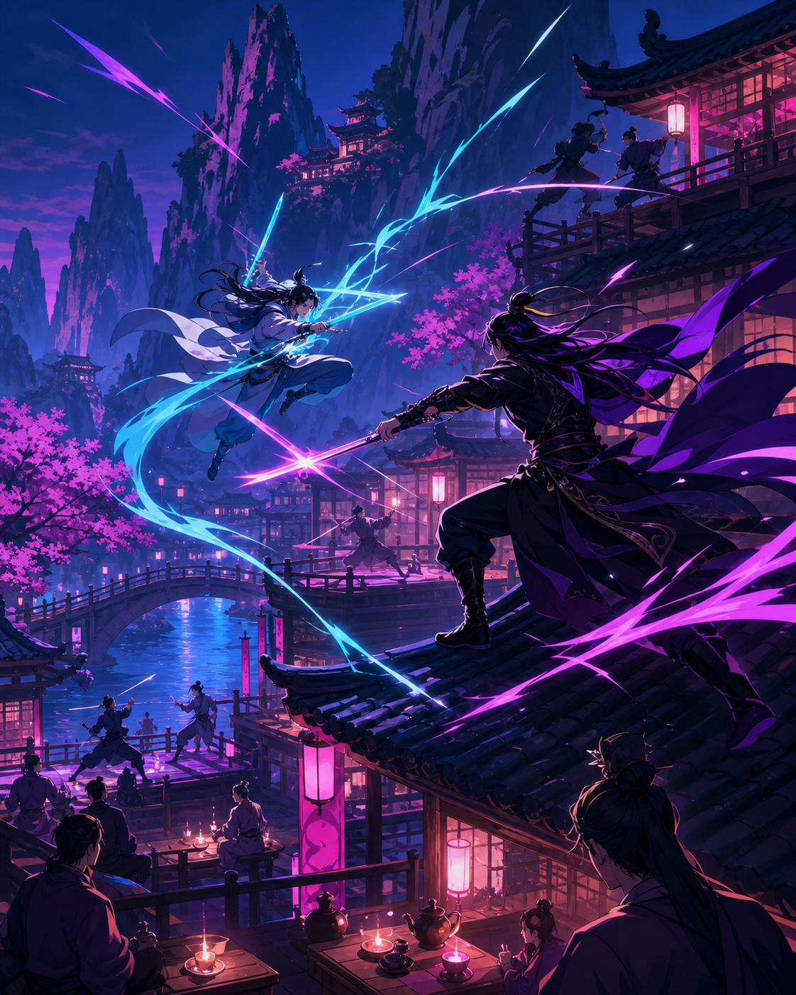 Two sword masters dueling across the roofs of a riverside tea house, during a fast, elegant battle with strong readable motion. Vertical mountain composition with several training groups at different heights. Saturated m